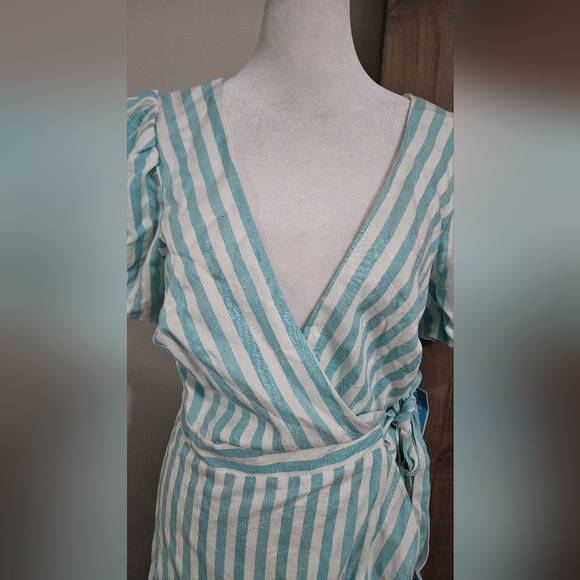 DRAPER JAMES Linen Blend Puff Sleeve Wrap Dress In Blue/white Striped.Size S NWT - Picture 8 of 15